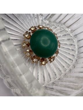 Vintage Coro Green Cabochon Floral Brooch Rhinestones 1950:ms Signed AS IS